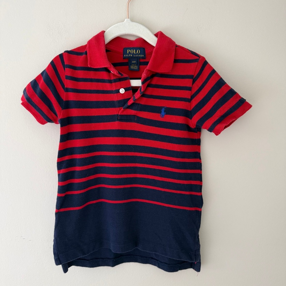 Polo Ralph Lauren Toddler 2T Red Navy Blue Striped Short Sleeve Pique Polo Shirt